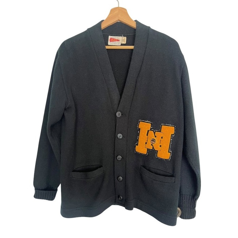 Vintage 60s Dehen Letterman Cardigan Sweater Mens 40 Black Varsity H Patch USA